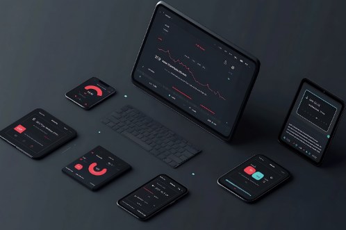 Dark interface mockups on phones and a tablet
